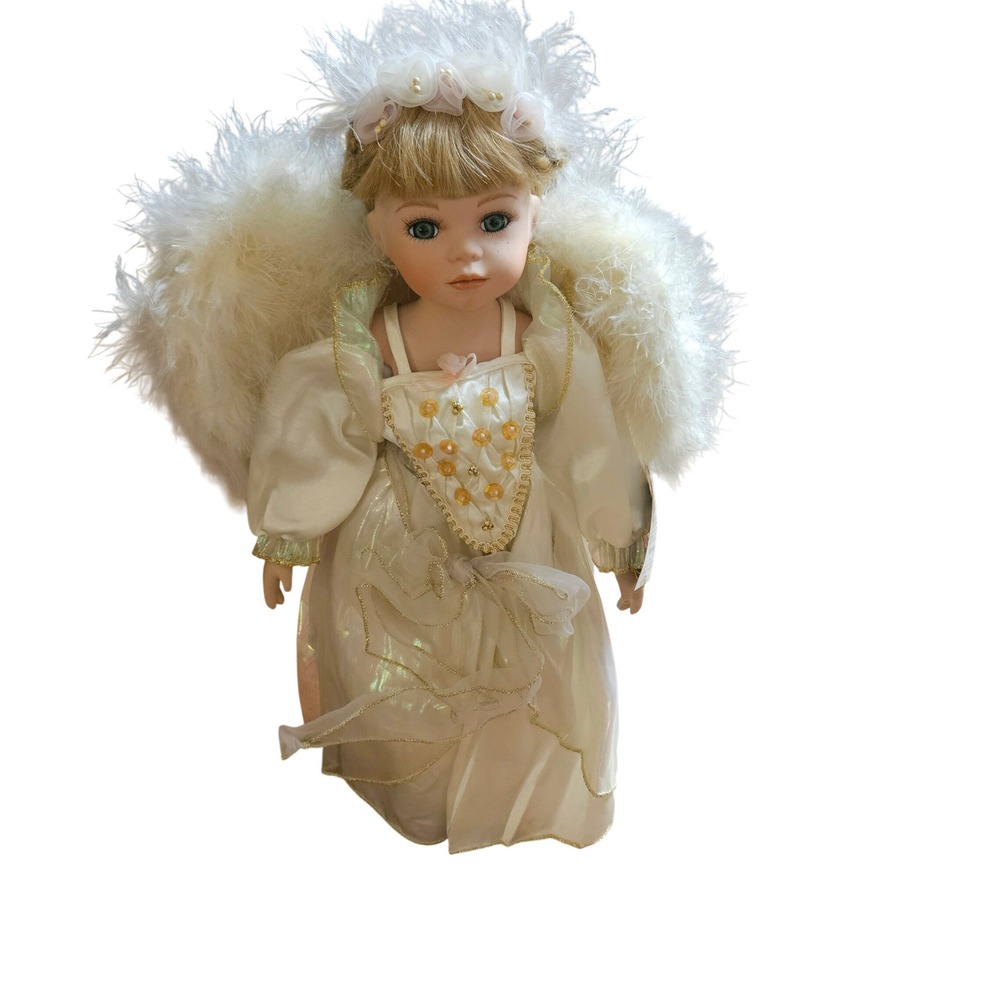 Vintage 1990s Geppeddo Ellie Angel Porcelain Doll 17" White Feather‎ Wings NWT